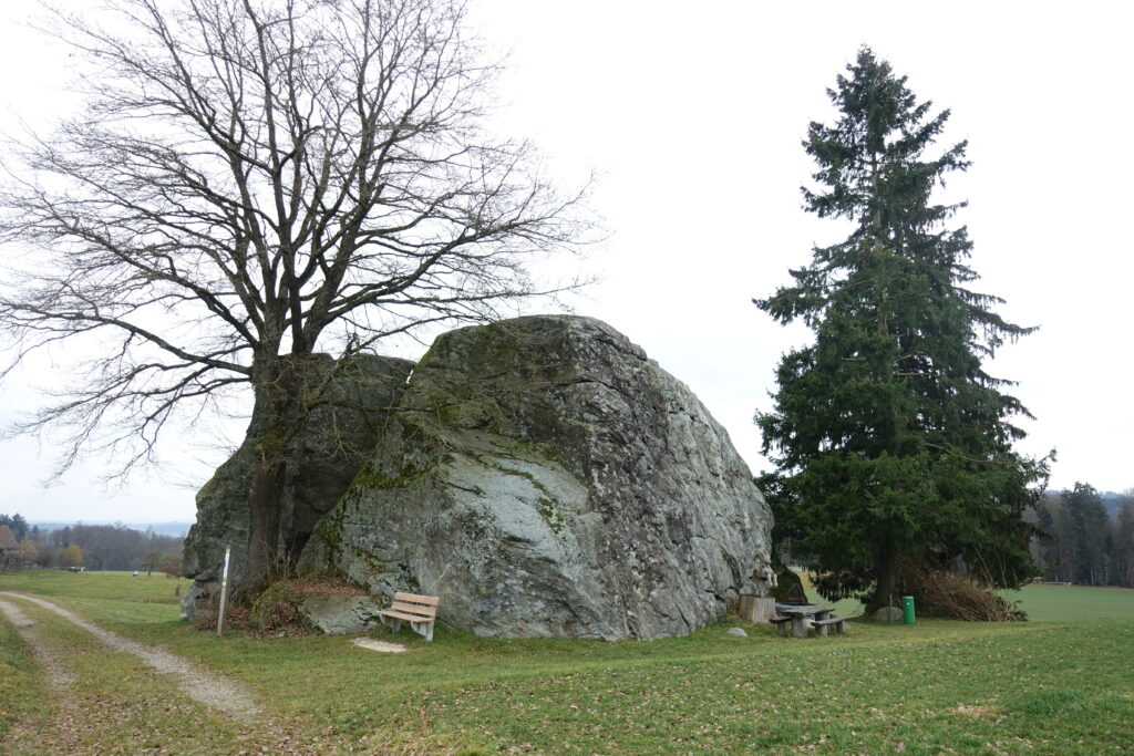 Bild 10: Bei Steinhof kann man den grössten Findling im Mittelland sehen. 3'500 Tonnen Granit aus den Walliser Alpen.